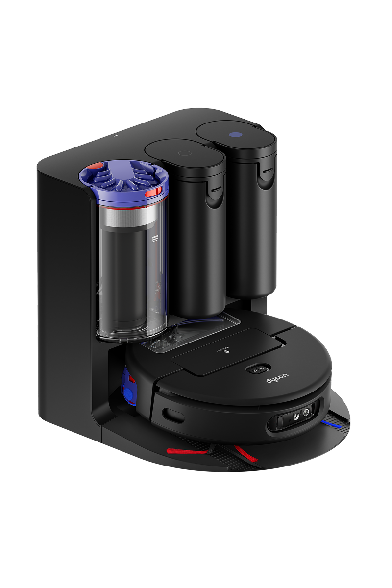 The Dyson Spot+Scrub Ai robot vacuum in its docking station.
