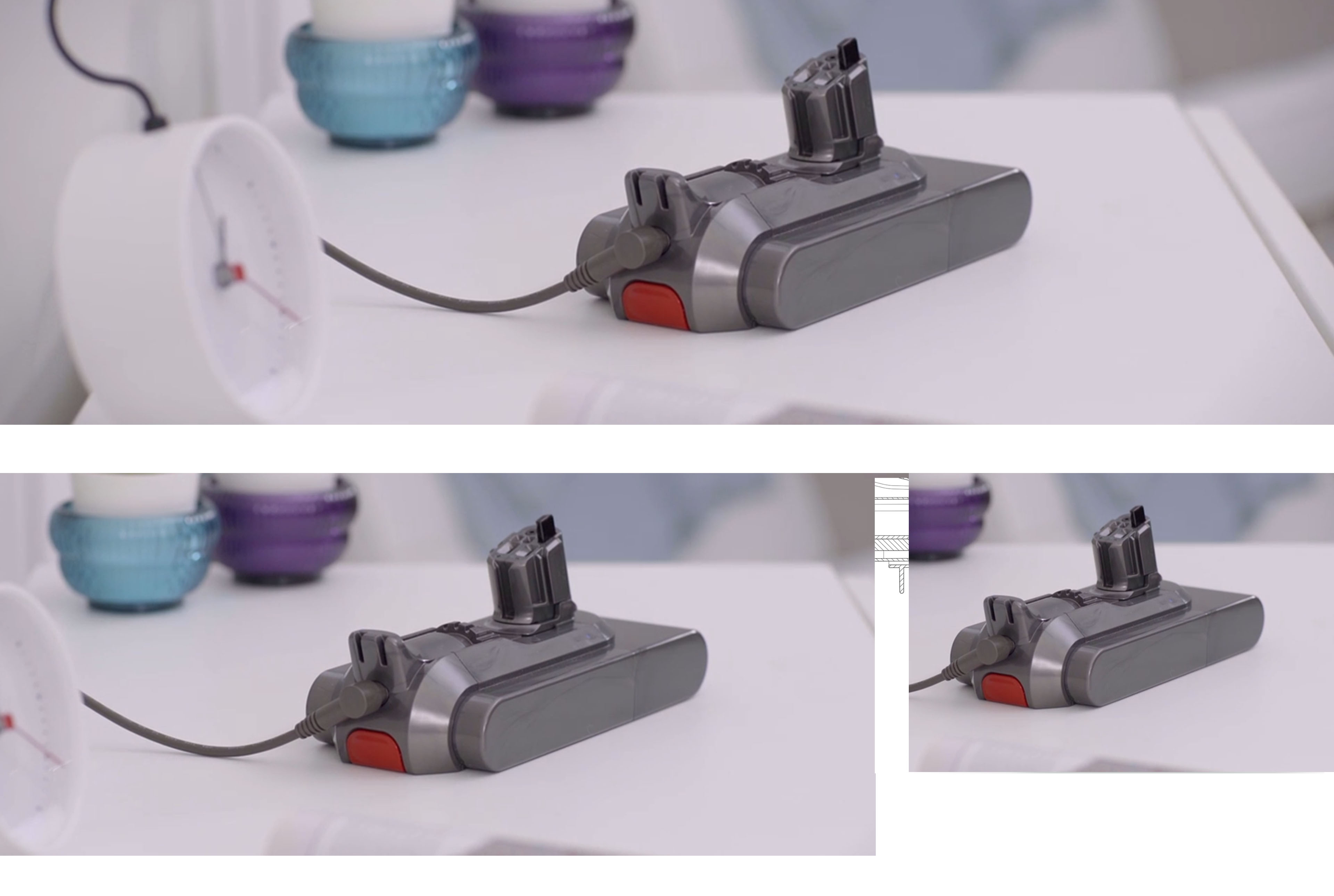 A  battery plugged into charge on a worktop